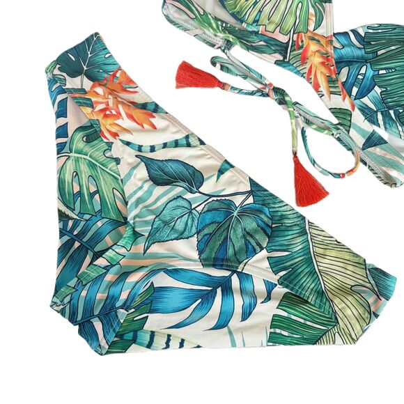 Vince Camuto Bikini Set Medium M Leaf Pattern Halter Tassel Tropical - Picture 7 of 12